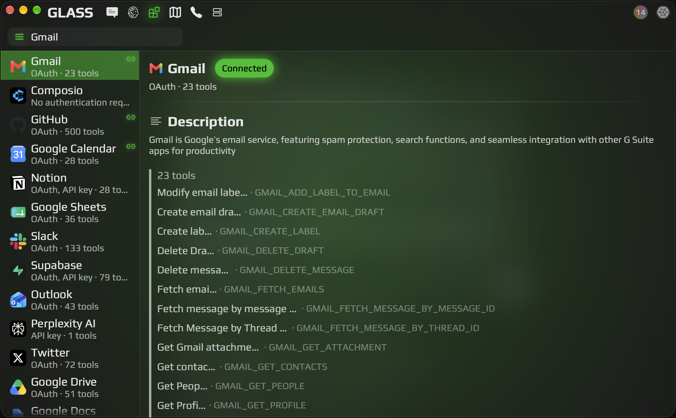 Glass agents screen with Gmail connected and a list of its tools